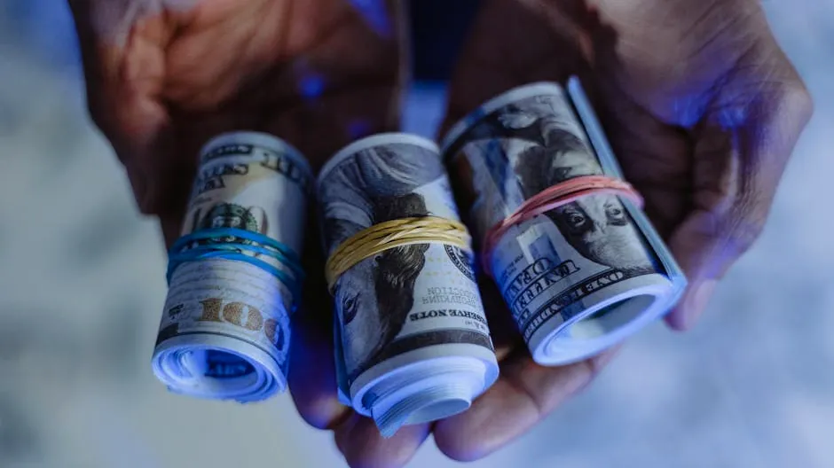 Close-up of hands holding rolled US dollar banknotes secured with rubber bands, set against a blue-lit background.