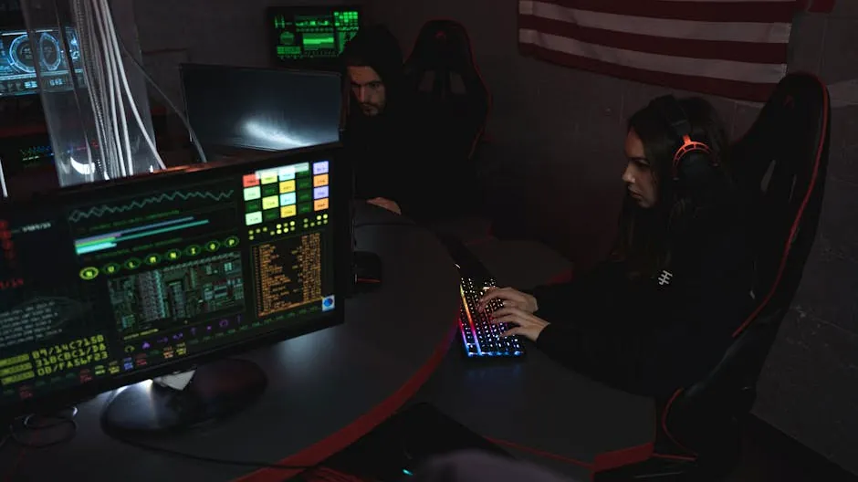 Cybersecurity professionals working on computer systems, focusing on data protection in a dimly lit room.